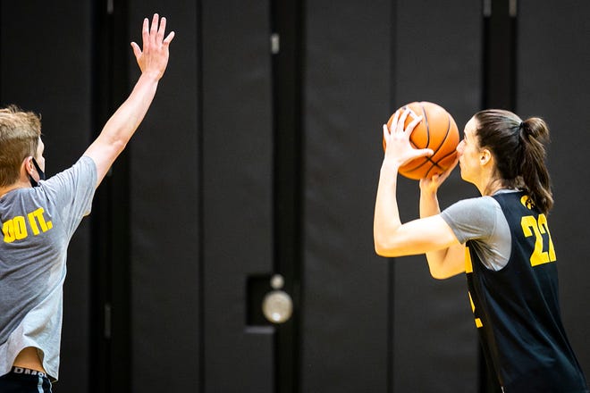 Iowa guard Caitlin Clark (22) shoots a basket during a summer Hawkeyes women's basketball practice, Thursday, July 1, 2021, at Carver-Hawkeye Arena in Iowa City, Iowa.