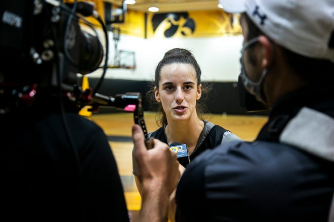 Iowa guard Caitlin Clark speaks to reporters after a summer Hawkeyes women's basketball practice, Thursday, July 1, 2021, at Carver-Hawkeye Arena in Iowa City, Iowa.
