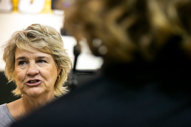 Iowa head coach Lisa Bluder speaks to reporters after a summer Hawkeyes women's basketball practice, Thursday, July 1, 2021, at Carver-Hawkeye Arena in Iowa City, Iowa.