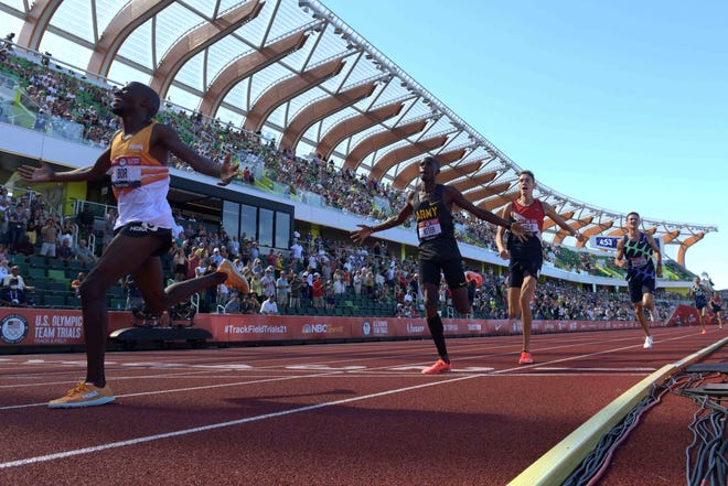 Jun 25, 2021; Eugene, OR, USA; Hillary Bor leads Benard Keter, Mason Ferlic and Daniel Michalski across the finish line to win the steeplechase in 8:21.34  during the US Olympic Team Trials at Hayward Field. Mandatory Credit: Kirby Lee-USA TODAY Sports