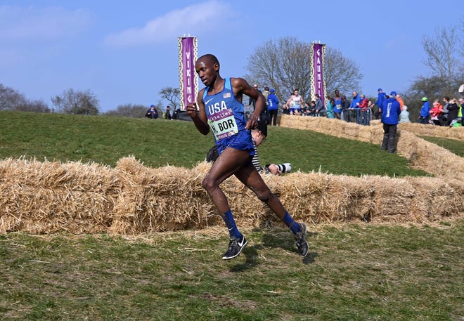 Mar 30, 2019; Aarhus, Denmark; Hillary Bor (USA) places 60th in 34:29 during the senior men's race of the IAAF World Cross Country Championships at the Moesgaard Museum.  Mandatory Credit: Kirby Lee-USA TODAY Sports