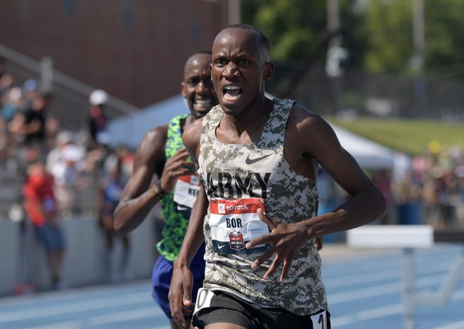 Jul 27, 2019; Des Moines, IA, USA; Hillary Bor defeats Stanley Kebenei to win the steeplechase, 8:18.05 to 8:19.12,  during the USATF Championships at Drake Stadium. Mandatory Credit: Kirby Lee-USA TODAY Sports