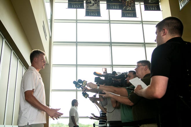 Iowa quarterback Spencer Petras speaks to reporters during a Hawkeyes football summer media availability, Wednesday, July 14, 2021, at Kinnick Stadium in Iowa City, Iowa.