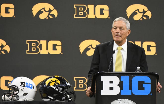 Jul 23, 2021; Indianapolis, Indiana, USA; Iowa Hawkeyes head coach Kirk Ferentz speaks to the media during Big Ten Conference media days at Lucas Oil Stadium.