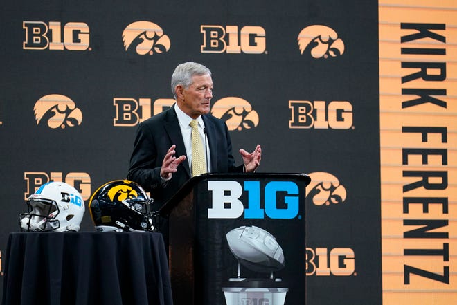 Iowa head coach Kirk Ferentz talks to reporters during an NCAA college football news conference at the Big Ten Conference media days, at Lucas Oil Stadium in Indianapolis, Friday, July 23, 2021.