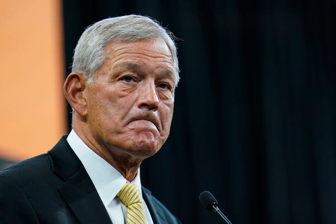 Iowa head coach Kirk Ferentz talks to reporters during an NCAA college football news conference at the Big Ten Conference media days, at Lucas Oil Stadium in Indianapolis, Friday, July 23, 2021.
