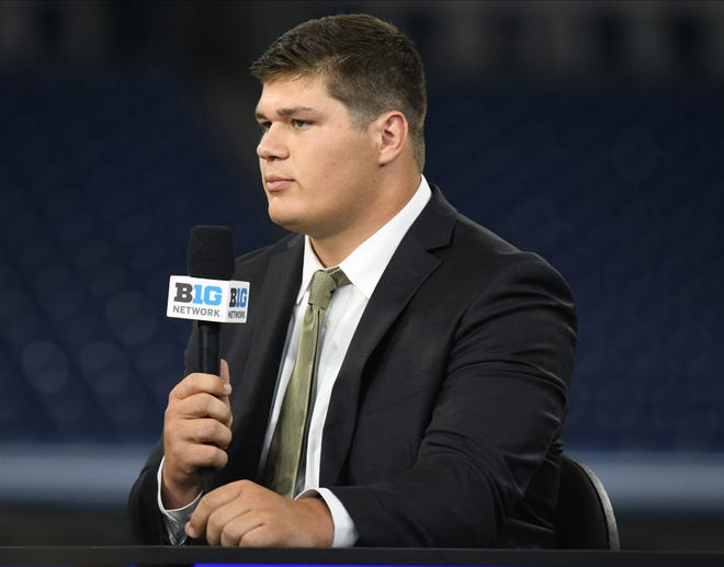 Iowa Hawkeyes center Taylor Linderbaum speaks on the Big Ten Network set during Big Ten Conference media days, Friday, July, 23, 2021, at Lucas Oil Stadium in Indianapolis.