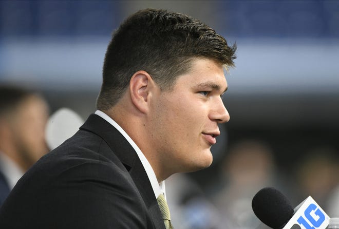 Iowa Hawkeyes center Tyler Linderbaum speaks to reporters during Big Ten Conference media days, Friday, July, 23, 2021, at Lucas Oil Stadium in Indianapolis.