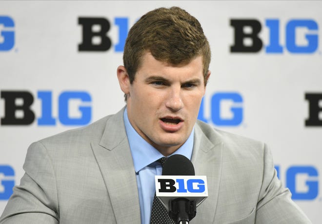 Iowa Hawkeyes defensive end Zach VanValkenburg speaks to reporters during Big Ten Conference media days, Friday, July, 23, 2021, at Lucas Oil Stadium in Indianapolis.