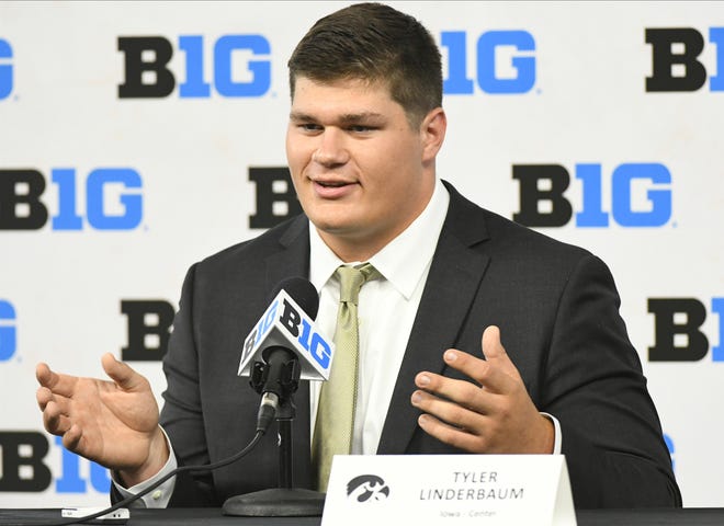 Iowa Hawkeyes center Tyler Linderbaum speaks to reporters during Big Ten Conference media days, Friday, July, 23, 2021, at Lucas Oil Stadium in Indianapolis.