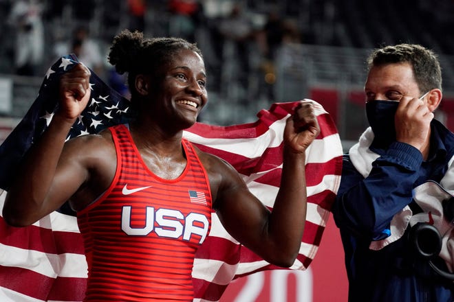Aug 3, 2021; Chiba, Japan; Tamyra Mensah-Stock (USA) celebrates after defeating Blessing Oborududu (NGR) in the women's freestyle 68kg final during the Tokyo 2020 Olympic Summer Games at Makuhari Messe Hall A. Mandatory Credit: Grace Hollars-USA TODAY Sports