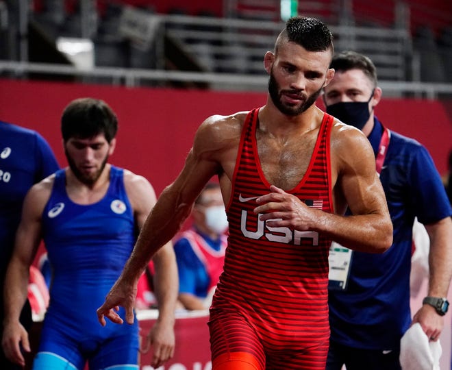 Aug 4, 2021; Chiba, Japan; Thomas Patrick Gilman (USA) reacts after losing to Zavur Uguev (ROC) in a men's freestyle 57kg 1/8 final during the Tokyo 2020 Olympic Summer Games at Makuhari Messe Hall A. Mandatory Credit: Mandi Wright-USA TODAY Sports