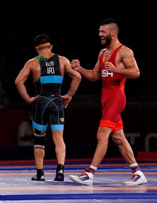 Aug 5, 2021; Chiba, Japan;   Thomas Patrick Gilman (USA) celebrates after defeating Reza Atrinagharchi (IRI) in th emen's freestyle 57kg bronze medal match during the Tokyo 2020 Olympic Summer Games at Makuhari Messe Hall A. Mandatory Credit: Mandi Wright-USA TODAY Sports
