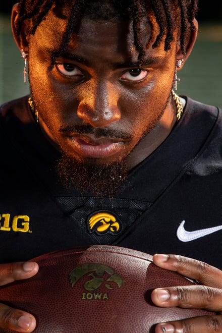 Iowa running back Tyler Goodson (15) poses for a photo during the Iowa Hawkeye football media day on Friday, Aug. 13, 2021 in Iowa City, IA.