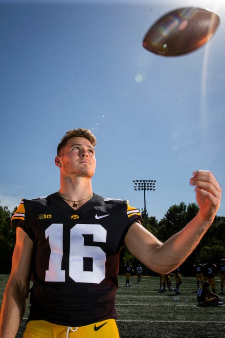 Iowa wide receiver Charlie Jones (16) poses for a photo during the Iowa Hawkeye football media day on Friday, Aug. 13, 2021 in Iowa City, IA.