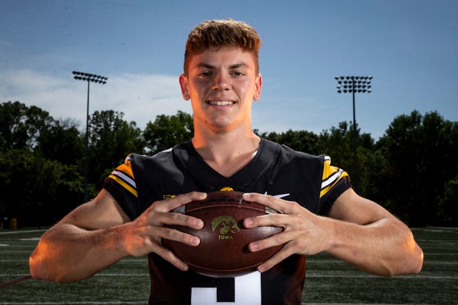 Iowa defensive back Cooper DeJean (3) poses for a photo during the Iowa Hawkeye football media day on Friday, Aug. 13, 2021 in Iowa City, IA.
