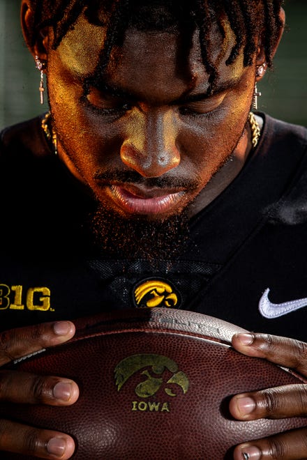 Iowa running back Tyler Goodson (15) poses for a photo during the Iowa Hawkeye football media day on Friday, Aug. 13, 2021 in Iowa City, IA.