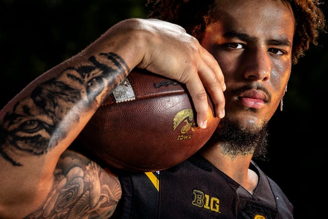 Iowa wide receiver Keagan Johnson (6) poses for a photo during the Iowa Hawkeye football media day on Friday, Aug. 13, 2021 in Iowa City, IA.