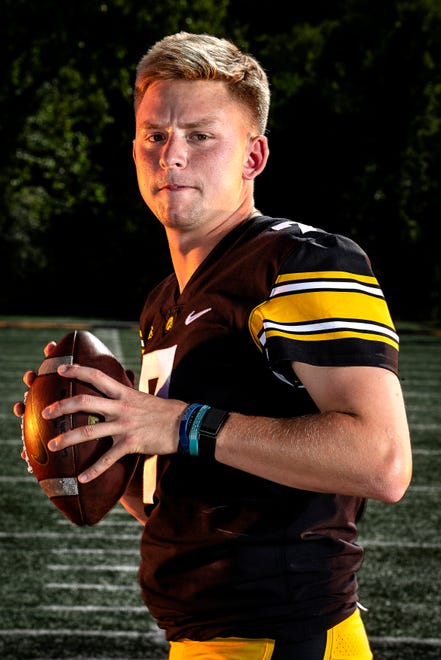 Iowa quarterback Spencer Petras (7) poses for a photo during the Iowa Hawkeye football media day on Friday, Aug. 13, 2021 in Iowa City, IA.