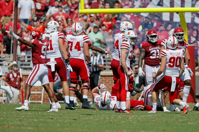 Nebraska's Connor Culp (33) reacts after missing a field goal attempt during a college football game between the University of Oklahoma Sooners (OU) and the Nebraska Cornhuskers at Gaylord Family-Oklahoma Memorial Stadium in Norman, Okla., Saturday, Sept. 18, 2021. Oklahoma won 23-16.