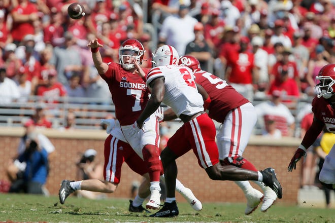 OU's Spencer Rattler (7) was 24-of-34 passing for 214 yards and a touchdown Saturday against Nebraska.