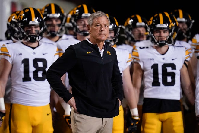 Iowa head coach Kirk Ferentz look son before his team takes the field during an NCAA college football game, Friday, Oct. 1, 2021, at Capital One Field at Maryland Stadium in College Park, Maryland.