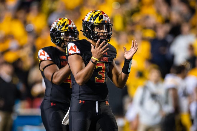 Maryland Terrapins quarterback Taulia Tagovailoa (3) reacts after an offensive penalty during an NCAA college football game, Friday, Oct. 1, 2021, at Capital One Field at Maryland Stadium in College Park, Maryland.