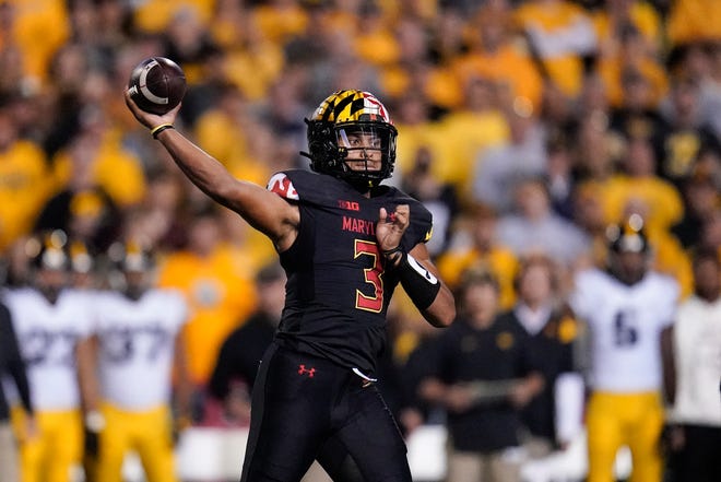 Maryland quarterback Taulia Tagovailoa throws a pass against Iowa during an NCAA college football game, Friday, Oct. 1, 2021, at Capital One Field at Maryland Stadium in College Park, Maryland.