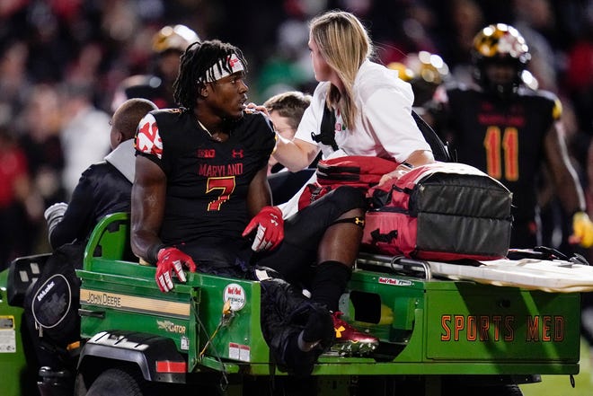 Maryland wide receiver Dontay Demus Jr. is carted off the field during an NCAA college football game, Friday, Oct. 1, 2021, at Capital One Field at Maryland Stadium in College Park, Maryland.