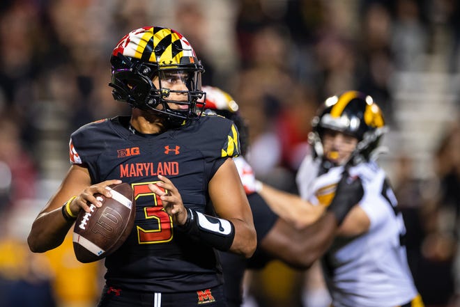 Maryland Terrapins quarterback Taulia Tagovailoa (3) looks to pass against the Iowa Hawkeyes during an NCAA college football game, Friday, Oct. 1, 2021, at Capital One Field at Maryland Stadium in College Park, Maryland.