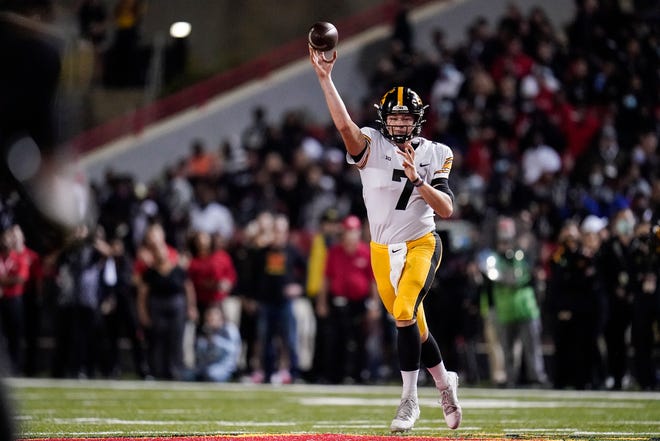 Iowa quarterback Spencer Petras throws a pass against Maryland during an NCAA college football game, Friday, Oct. 1, 2021, at Capital One Field at Maryland Stadium in College Park, Maryland.