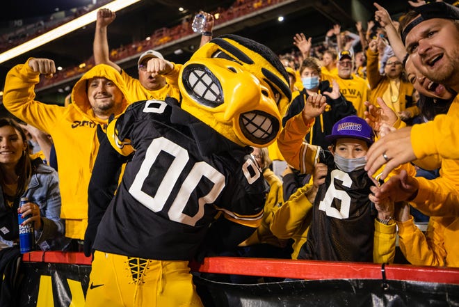Herky the Hawk celebrates with fans during an NCAA college football game, Friday, Oct. 1, 2021, at Capital One Field at Maryland Stadium in College Park, Maryland.
