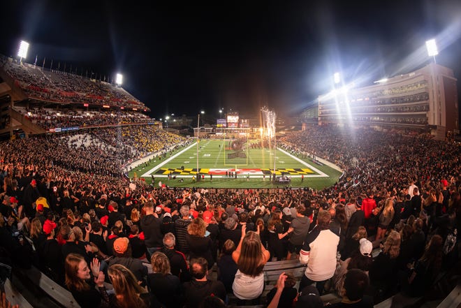 A general view as the Maryland Terrapins take the field to play the Iowa Hawkeyes during an NCAA college football game, Friday, Oct. 1, 2021, at Capital One Field at Maryland Stadium in College Park, Maryland.