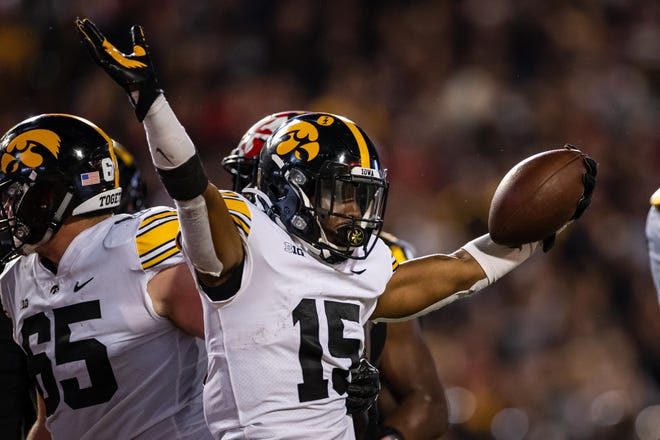Iowa Hawkeyes running back Tyler Goodson (15) celebrates after a play against the Maryland Terrapins during an NCAA college football game, Friday, Oct. 1, 2021, at Capital One Field at Maryland Stadium in College Park, Maryland.