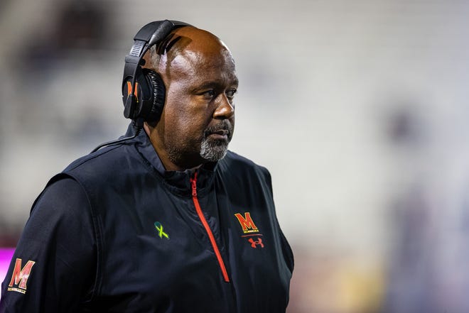 Maryland Terrapins head coach Michael Locksley looks on during an NCAA college football game, Friday, Oct. 1, 2021, at Capital One Field at Maryland Stadium in College Park, Maryland.
