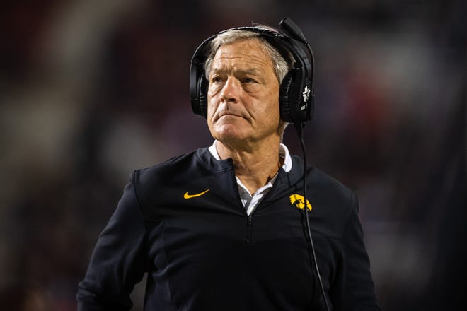 Iowa Hawkeyes head coach Kirk Ferentz looks on during an NCAA college football game, Friday, Oct. 1, 2021, at Capital One Field at Maryland Stadium in College Park, Maryland.