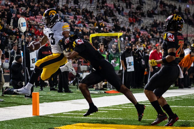Iowa Hawkeyes wide receiver Tyrone Tracy Jr. (3) scores a touchdown against the Maryland Terrapins during an NCAA college football game, Friday, Oct. 1, 2021, at Capital One Field at Maryland Stadium in College Park, Maryland.