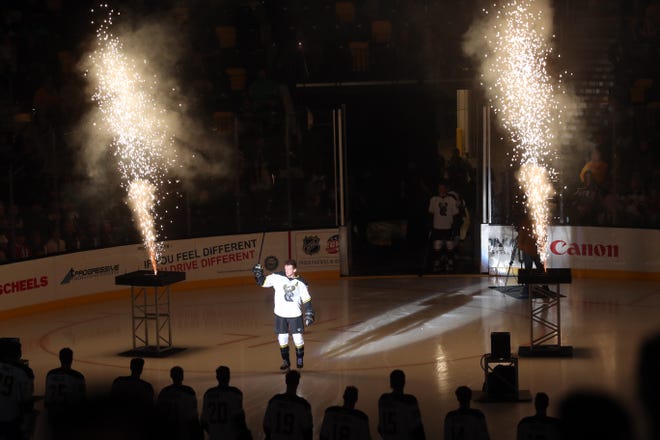 Iowa’s Ryan Kuffner is introduced prior to the Heartlanders’ game against Kansas City at the Xtream Arena in Coralville on Friday, Oct. 22, 2021. The Heartlanders won, 7-4.
