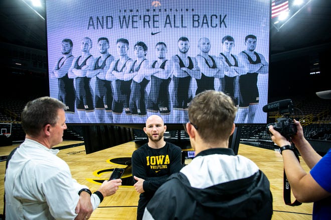 Iowa 165-pound wrestler Alex Marinelli speaks to reporters during Hawkeyes men's wrestling media day, Wednesday, Oct. 27, 2021, at Carver-Hawkeye Arena in Iowa City, Iowa.