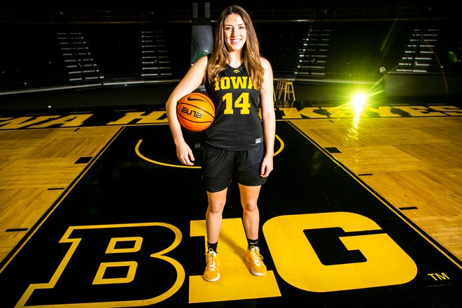 Iowa's McKenna Warnock (14) poses for a photo during Hawkeyes NCAA college women's basketball media day, Thursday, Oct. 28, 2021, at Carver-Hawkeye Arena in Iowa City, Iowa.