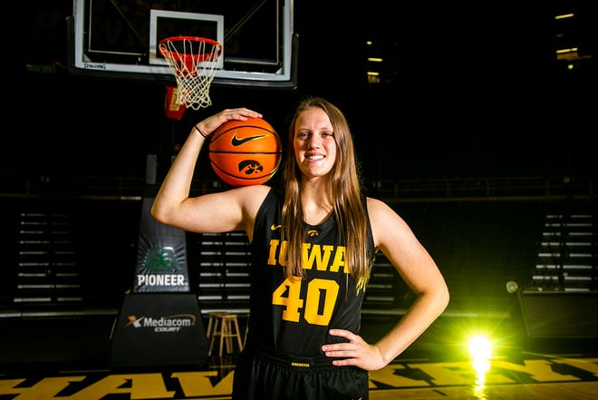 Iowa center Sharon Goodman (40) poses for a photo during Hawkeyes NCAA college women's basketball media day, Thursday, Oct. 28, 2021, at Carver-Hawkeye Arena in Iowa City, Iowa.