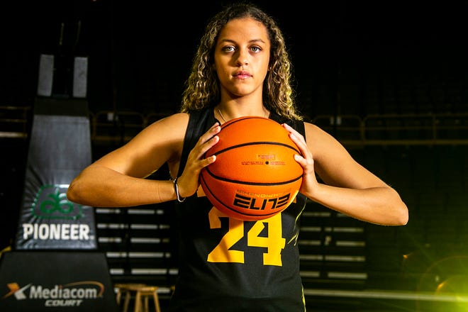 Iowa guard Gabbie Marshall (24) poses for a photo during Hawkeyes NCAA college women's basketball media day, Thursday, Oct. 28, 2021, at Carver-Hawkeye Arena in Iowa City, Iowa.