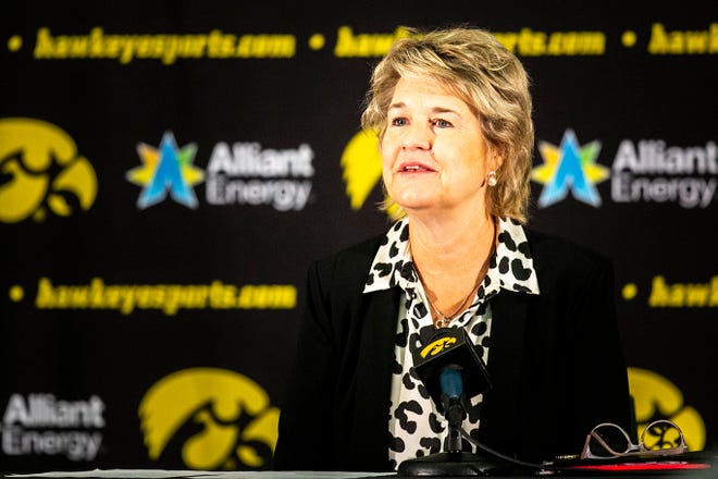 Iowa head coach Lisa Bluder speaks to reporters at a news conference during Hawkeyes NCAA college women's basketball media day, Thursday, Oct. 28, 2021, at Carver-Hawkeye Arena in Iowa City, Iowa.