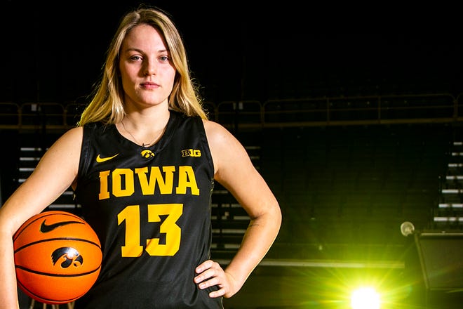 Iowa forward Shateah Wetering (13) poses for a photo during Hawkeyes NCAA college women's basketball media day, Thursday, Oct. 28, 2021, at Carver-Hawkeye Arena in Iowa City, Iowa.