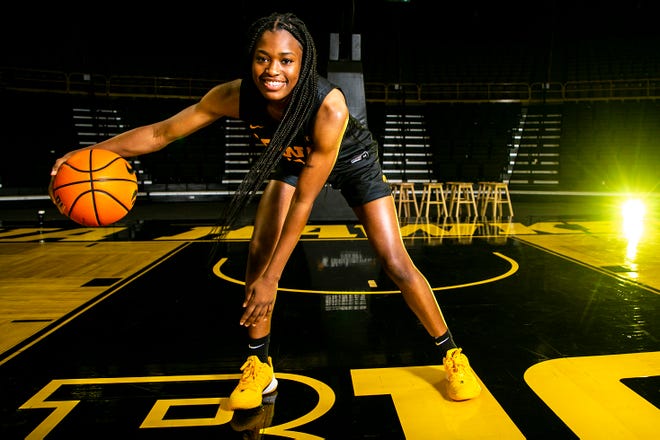 Iowa guard Tomi Taiwo (1) poses for a photo during Hawkeyes NCAA college women's basketball media day, Thursday, Oct. 28, 2021, at Carver-Hawkeye Arena in Iowa City, Iowa.
