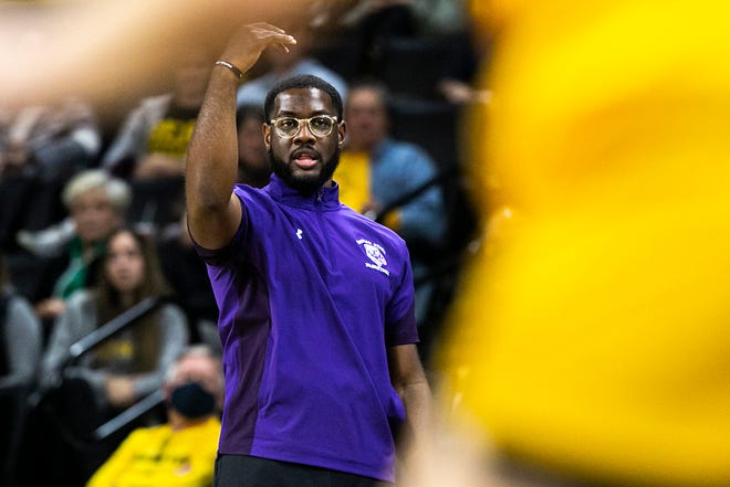 Truman State head coach Theo Dean calls out instructions to players during a NCAA women's basketball exhibition game against Iowa, Thursday, Nov. 4, 2021, at Carver-Hawkeye Arena in Iowa City, Iowa.