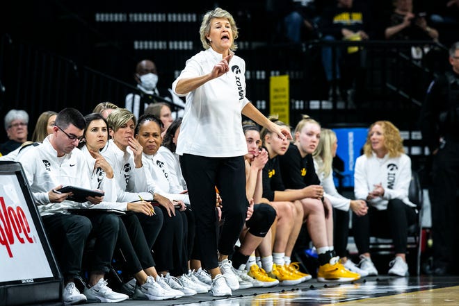 Iowa head coach Lisa Bluder calls out instructions to players during a NCAA women's basketball exhibition game against Truman State, Thursday, Nov. 4, 2021, at Carver-Hawkeye Arena in Iowa City, Iowa.