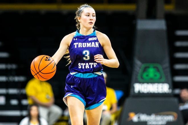 Truman State's 	Gracie Stugart takes the ball up court during a NCAA women's basketball exhibition game against Iowa, Thursday, Nov. 4, 2021, at Carver-Hawkeye Arena in Iowa City, Iowa.