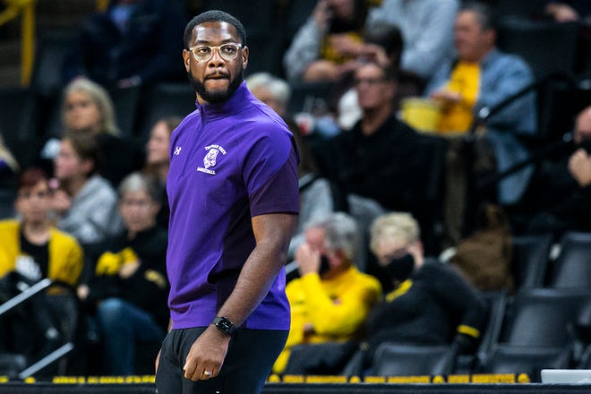Truman State head coach Theo Dean looks on during a NCAA women's basketball exhibition game against Iowa, Thursday, Nov. 4, 2021, at Carver-Hawkeye Arena in Iowa City, Iowa.