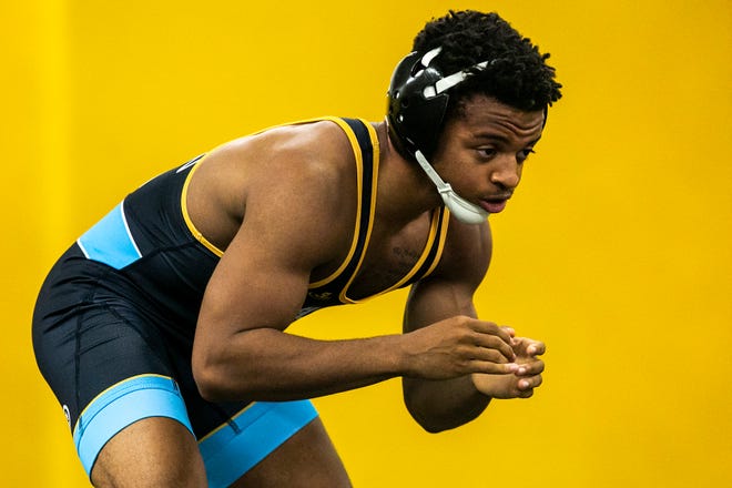 Iowa's Charles Matthews wrestles during a NCAA Hawkeyes men's wrestling intrasquad match, Friday, Nov. 5, 2021, at the Dan Gable Wrestling Complex in Carver-Hawkeye Arena in Iowa City, Iowa.